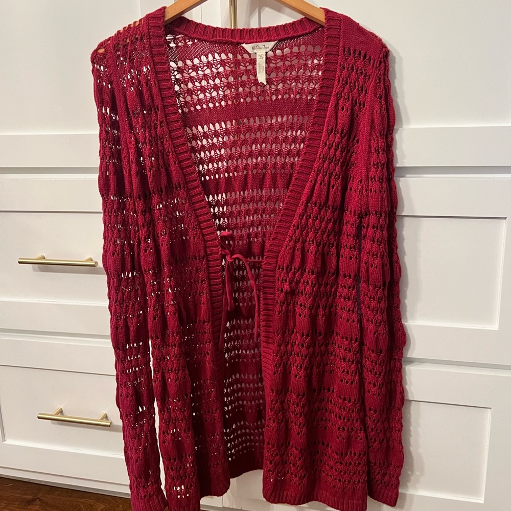 Matilda Jane Women Henna Open Front Cardigan Sweater Rust Stretch Crochet M NWOT